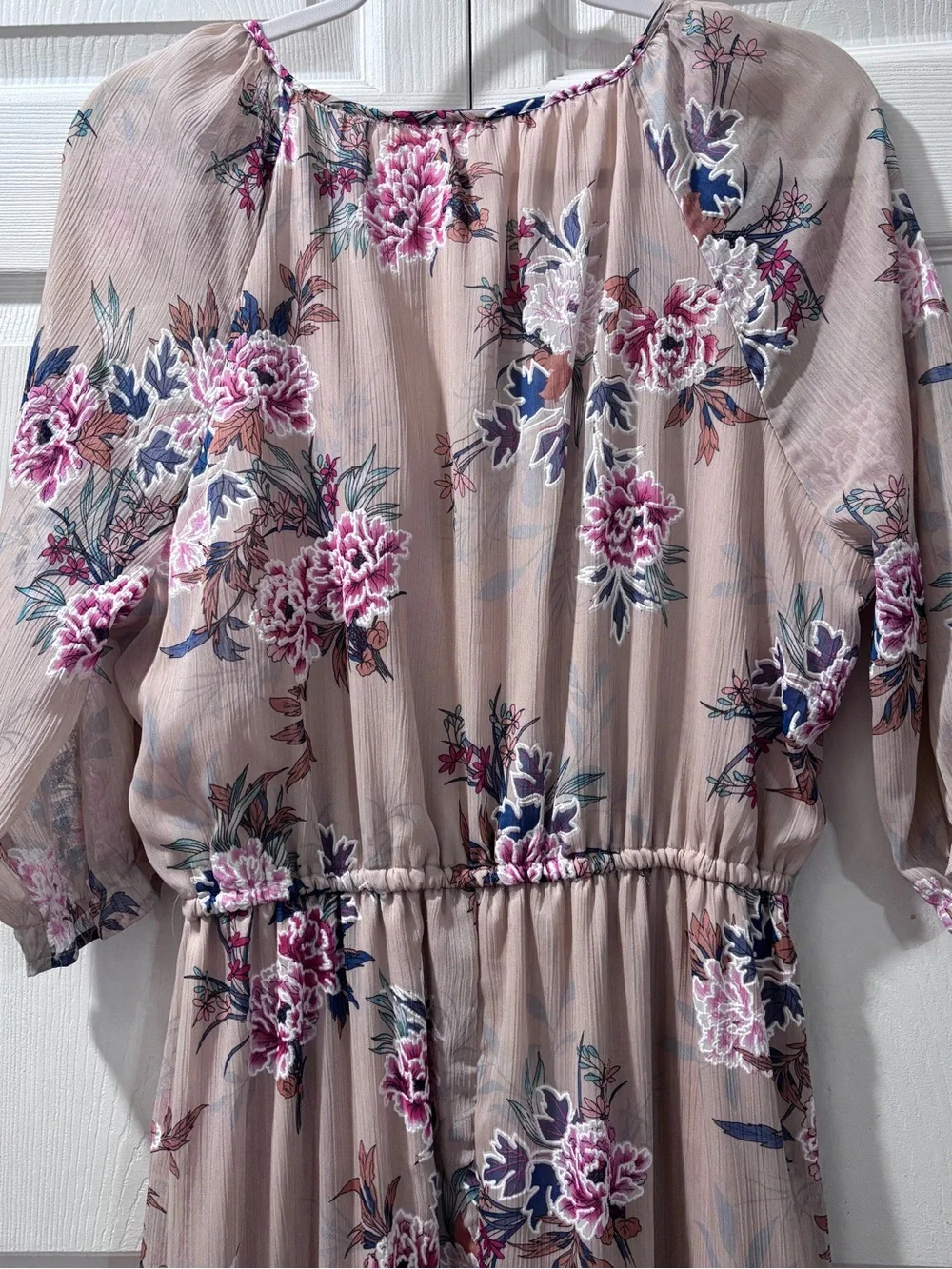Just Found Floral Maxi Dress Sheer Chiffon Ruffle Hem Neutral Boho Pink Blue